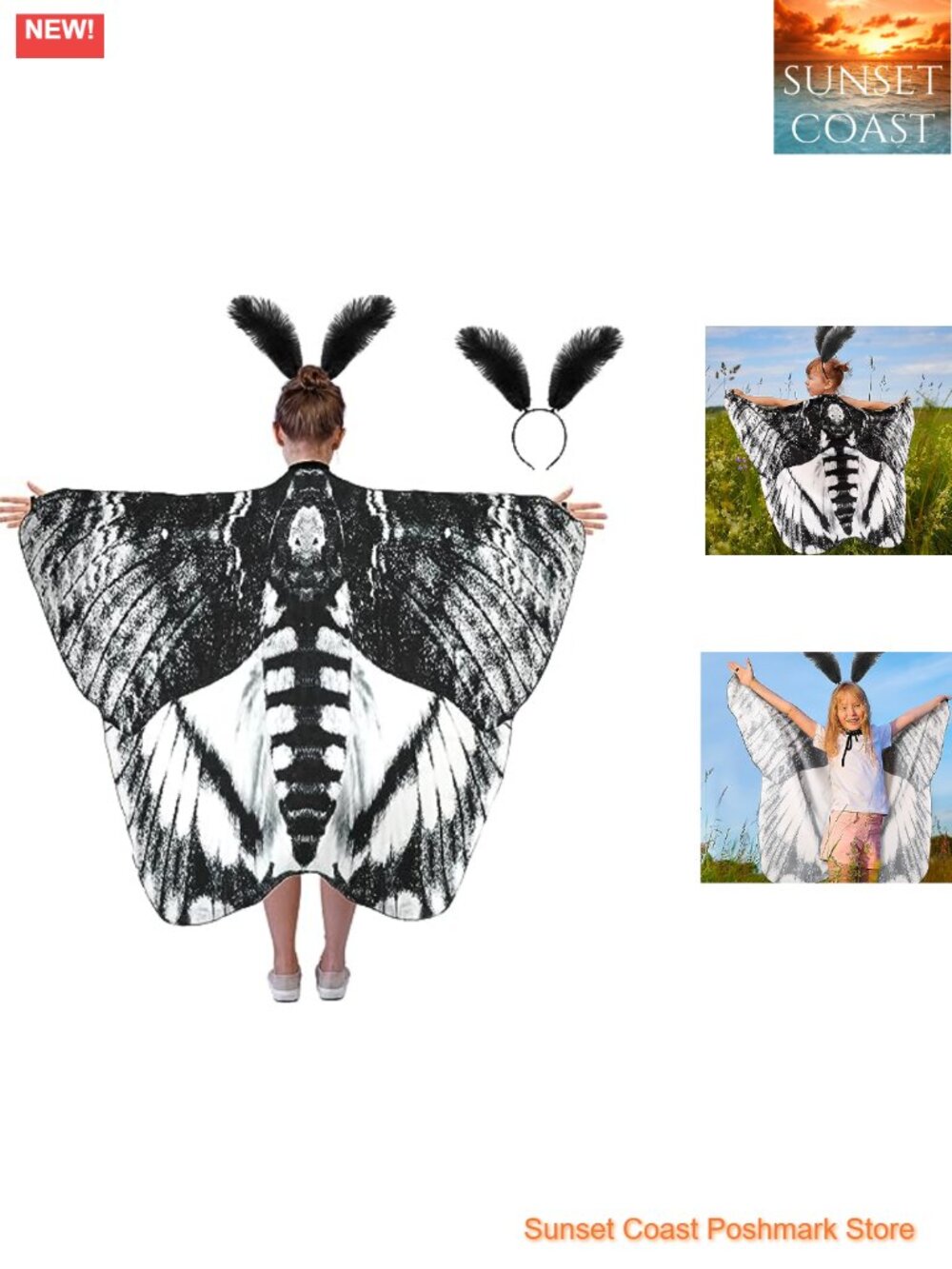 Moth Wing Cape Costume Set Girl with Feather Headband Halloween Dress Up